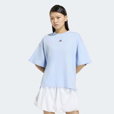 T-Shirt ADIDAS SPORTSWEAR "3 STRIPES STUDIO BOYFRIEND", Damen, Gr. L, blau (glow blau), Obermaterial: 100% Baumwolle, normal, Rundhals, Shirts T-Shirt, Print T-Shirt, locker geschnitten