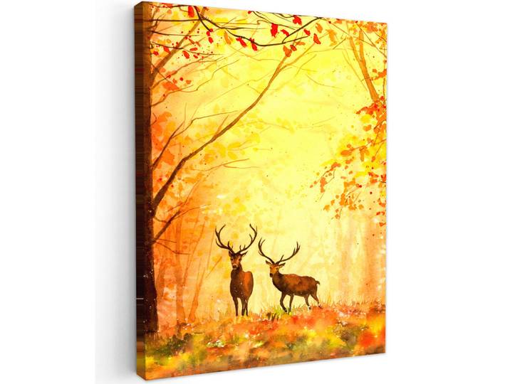MuchoWow Leinwandbild - Natur - Ölfarbe - Hirsche - Tiere - Herbst - Orange - 60x80 - Gemälde, Textil, Kiefer, Abstrakt, Rechteckig, 60x80 cm, gerahmt, Bilder & Rahmen, Bilder, Wandbilder