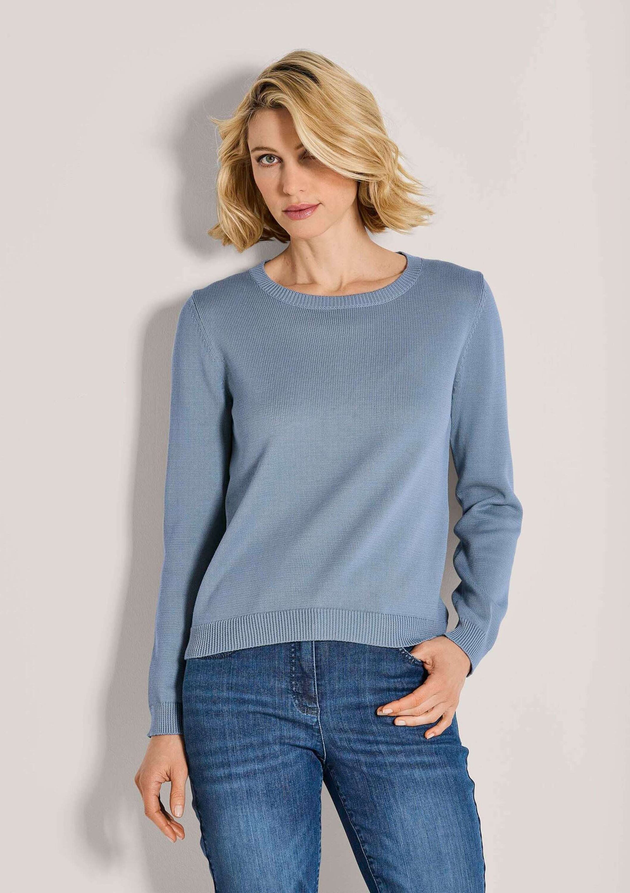 Longpullover MADELEINE "Strickpullover Schlichter Baumwollpullover mit Rundhals", Damen, Gr. 36/38, blau (rauchblau), Obermaterial: 100% Baumwolle CO., Modern, Pullover Longpullover, Hautsympathische Baumwolle