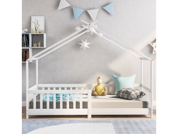 Lit enfant cabane blanc 90×200 cm sommier à lattes inclus barrières anti-chute structure solide