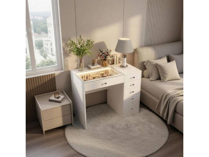 FENCHILIN Coiffeuse LED éclairage 6 Tiroirs Blanc 92 x 81 x 55 cm