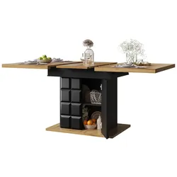 OKWISH Ausziehbarer Esstisch Teleskoptisch Schwarz+Natur 140x110x75 cm beidseitiges Auszugsystem mit Stauraum verstellbare Regale stabile Metallbasis