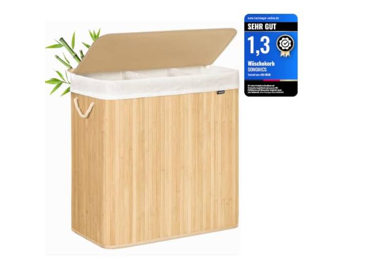 SONGMICS Wäschekorb 3 Fächer, 150 L, mit Deckel, faltbar, Bambus
