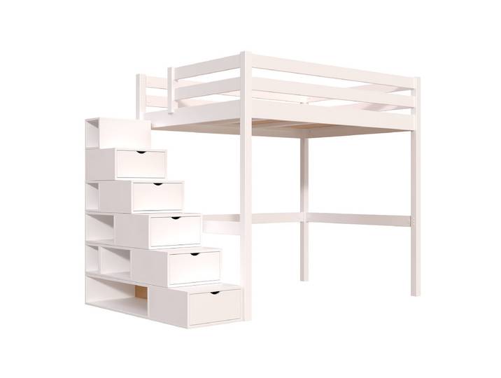 Lit mezzanine bois 140x200 Sylvia avec escalier cube 140x200 Blanc
