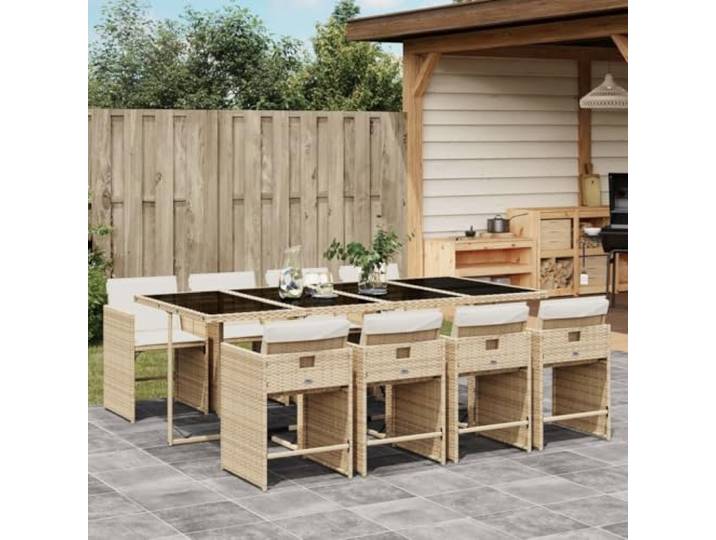 HEFZGDB 9-TLG. Garten-Essgruppe mit Kissen Beige Poly Rattan, Klappstühle mit waschbaren Bezügen und Hartglas-Tischplatte für Terrasse, platzsparendes Outdoor-Set mit wetterfestem