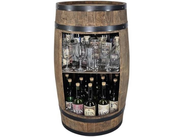 kadamahu Hausbar im Weinfass, Wenge, freistehend, 2 Ebenen, 80 cm, Ø 50 cm Frontöffnung 33,5 × 50 cm, Platz für bis zu 40 Flaschen à 0,75 l; Innenboden wird nach dem Auspacken werkzeuglos aufgelegt