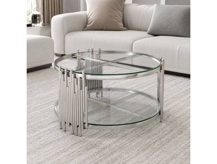 Table basse ronde en or-double verre trempé table de luxe - table de salon moderne en verre-80x80x45cm-argent + clair