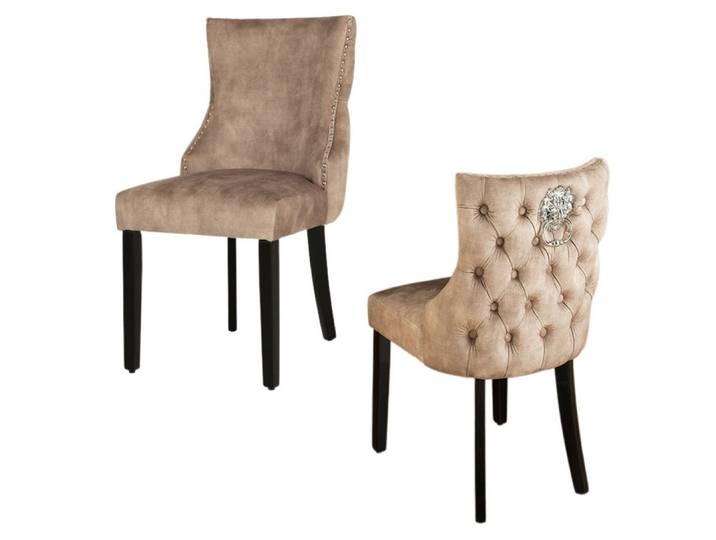 LebensWohnArt Stuhl Edler Stuhl LEON Samt beige Löwenkopf Nieten Chesterfield