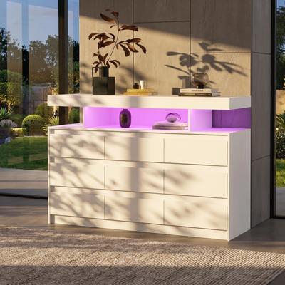 FUFU&GAGA Modern 9-Drawer Dresser with RGB LED Lights and Built-in Power Strip - White Storage Chest