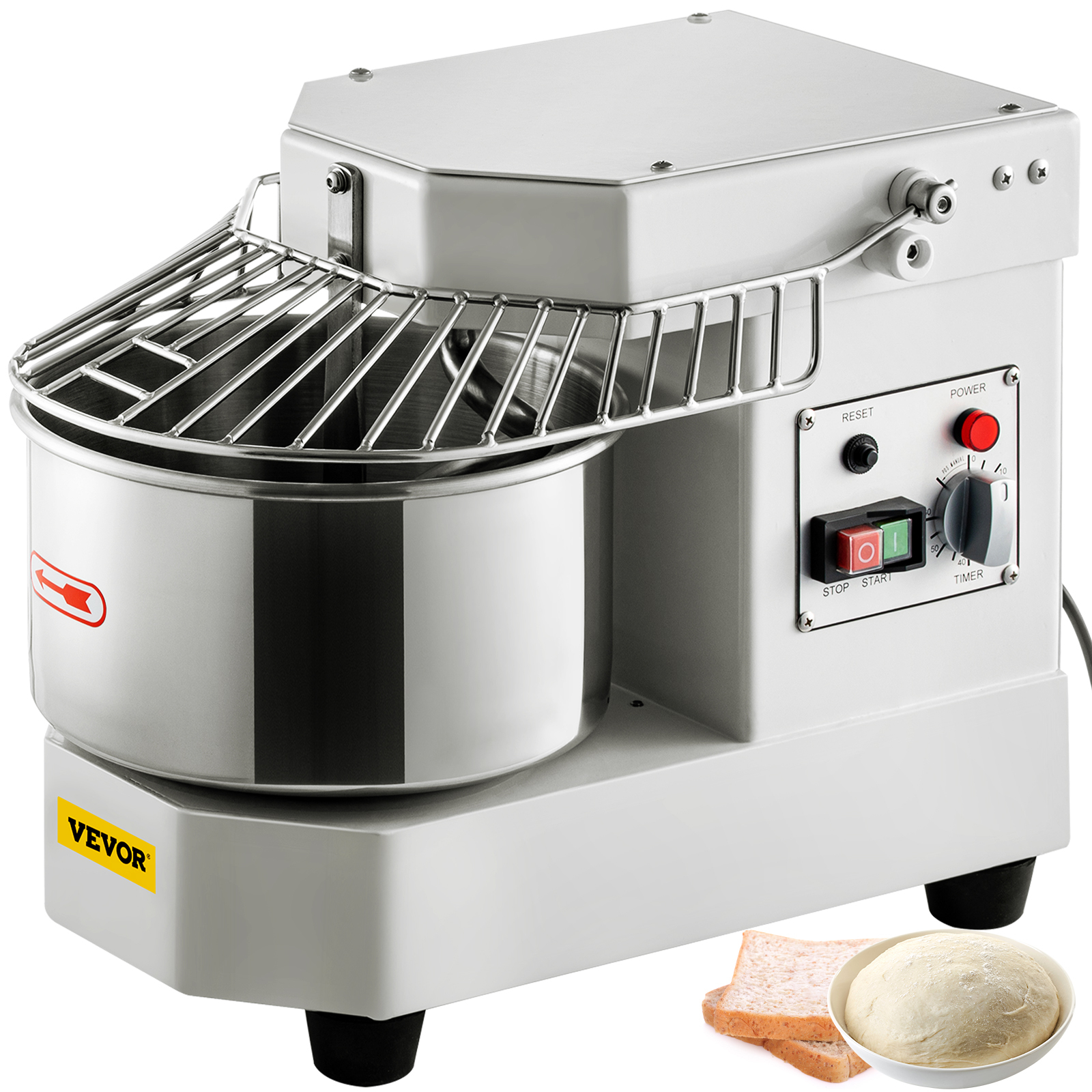 VEVOR Teigknetmaschine Küchenmaschine, 8 L Edelstahl Teigmixer, 450 W, einstellbar (130/233/414 U/min), inkl. Edelstahlschüssel, Sicherheitsschild, Timer, ideal für Bäckereien, Restaurants, Pizzeria