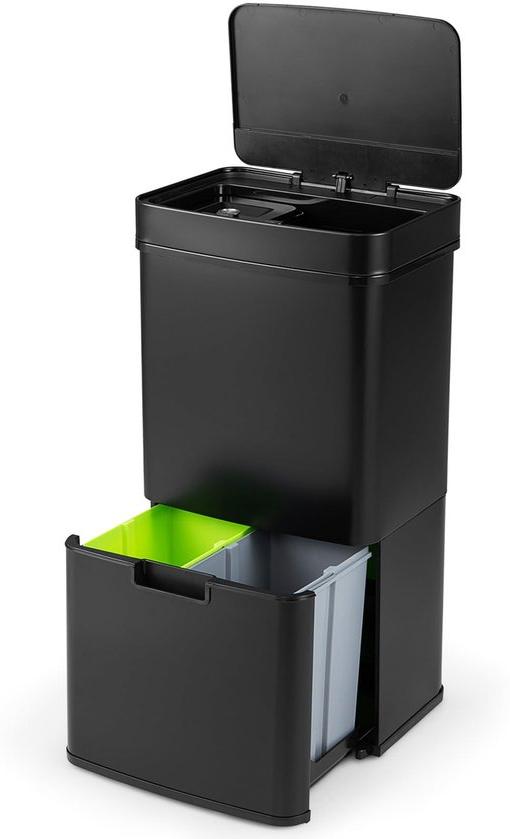 Schnelleinkauf - Elektro-Abfalleimer 72L mit Sensor, 4 Fächer für die Abfalltrennung, 2 x 11L + 3,5L + 46.5L, Küchen-Abfalleimer mit Soft-Verschluss, schwarz