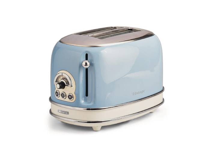 ARIETE Toaster Vintage 2 Schlitze, Blau , blau (blau, altweiß, silberfarben), B:30cm H:20cm T:19cm, Toaster, Lieferung mit passendem CH-Fixadapter, Toaster