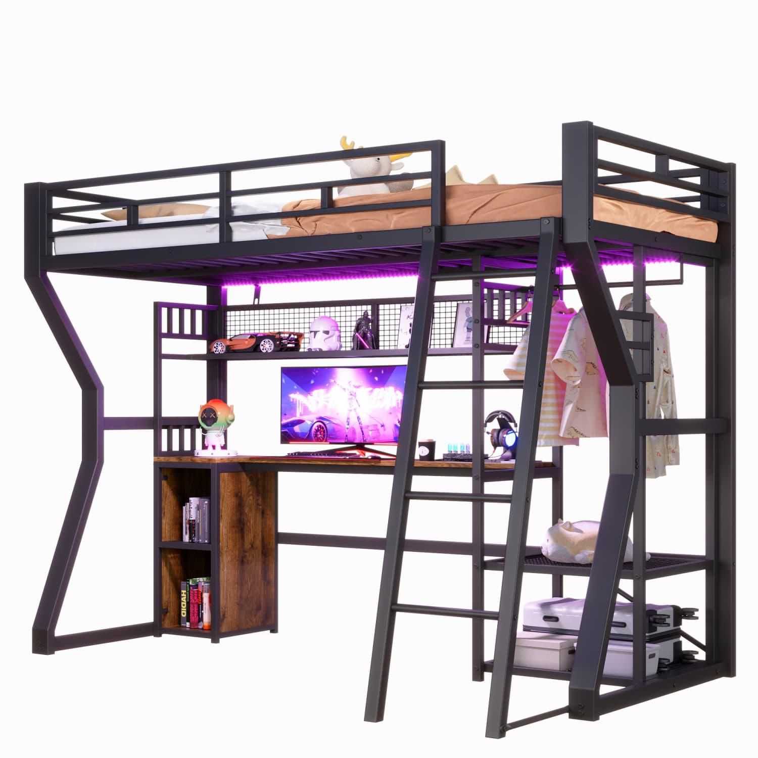 Hochbett, 90 x 200 cm, Eisenrahmen, mit Lichtleiste, Steckdose,Kleideraufhängebereich,Schreibtisch,Staufächer,Ablageböden,offener Raum unter dem Bett