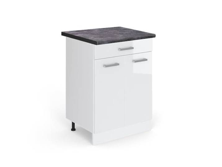 Vicco Küchenunterschrank R-Line, Weiß Hochglanz, 60 cm 1 Schublade · Arbeitsplatte Anthrazit · Höhenverst. Füße · 2 Türen · Leichter Zugriff