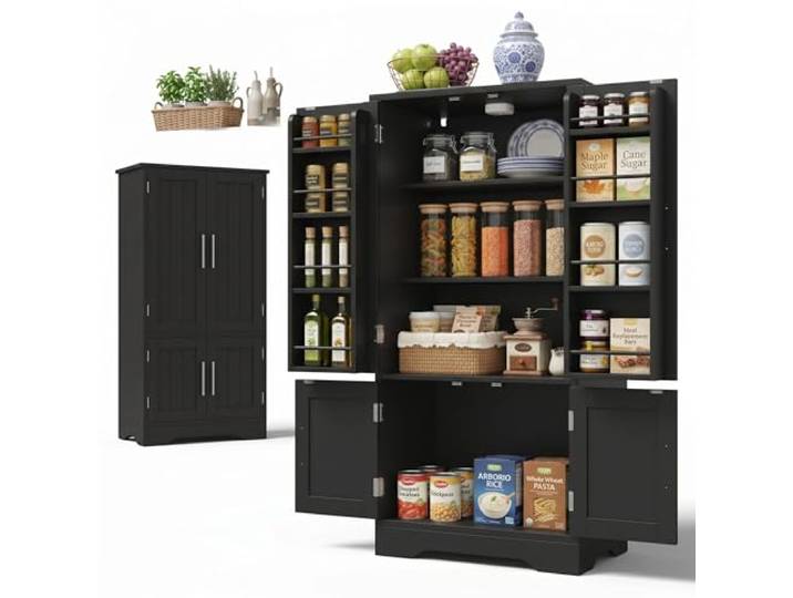 FurnitureR Küchenhochschrank, hoher Küchenschrank 60 x 40 x 120 cm, Schwarz, MDF Vorratsschrank mit 4 Türen, LED-Türlicht, für Vorräte, Geschirr und Haushaltsgeräte, mit Kippschutz zur Wandbefestigung