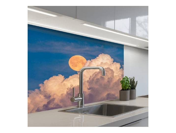 KitchenYeah Küchenrückwand selbstklebend (keine Folie) Mond – Wolken – Natur – Orange, (1-tlg), Spritzschutz, Küche, Rückwand, Küchenwand, Abwaschbar, 200x80 cm