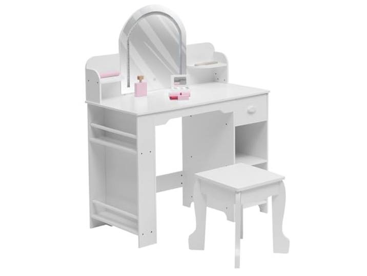 GarveeLife Schminktisch für Kinder mit Hocker und LED-Spiegel, Kleiner Schminktisch mit Schublade und 1 offenen Fächern, für Mädchen von 3-6 Jahren, Weiß