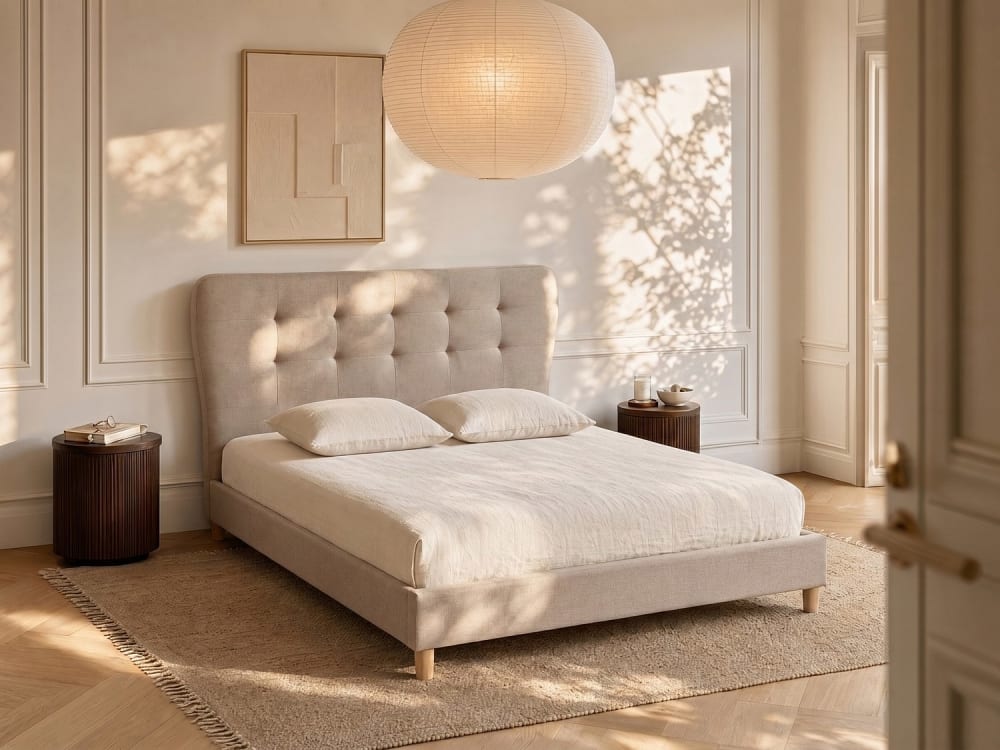 vente-unique.com Cadre de lit mdf crème Beige 163x102x207cm