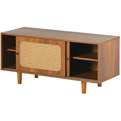 OKWISH Rattan-Sideboard-Set Kommode & Schuhschrank 3 Türen 2 Schiebetüren Multifunktional Aufbewahrung Walnussfarbe