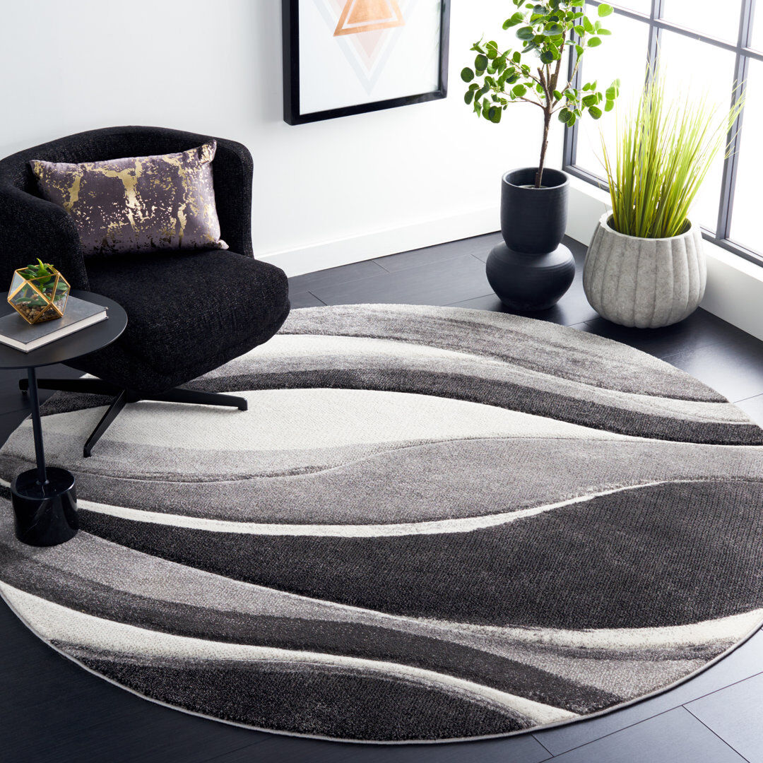 Ivy Bronx Akia Abstract Area Rug Gray Round 201cm