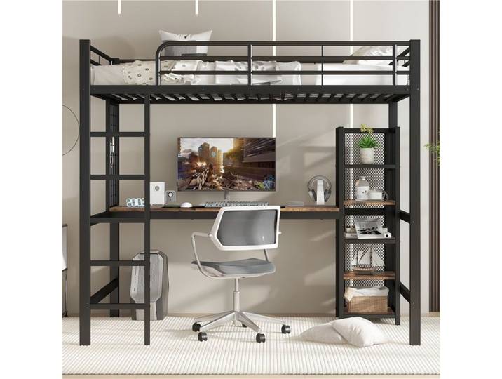 Ensemble lit mezzanine fer bois 90x200 incluant table de travail et rangement à plusieurs niveaux garde-corps métallique