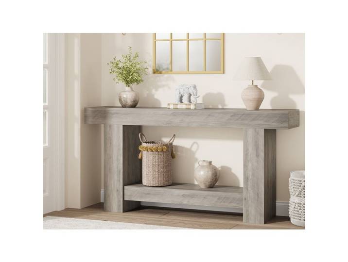 Koioplie Table console d'entrée style farmhouse 2 niveaux avec étagère ouverte meuble étroit - gris clair - 160 cm