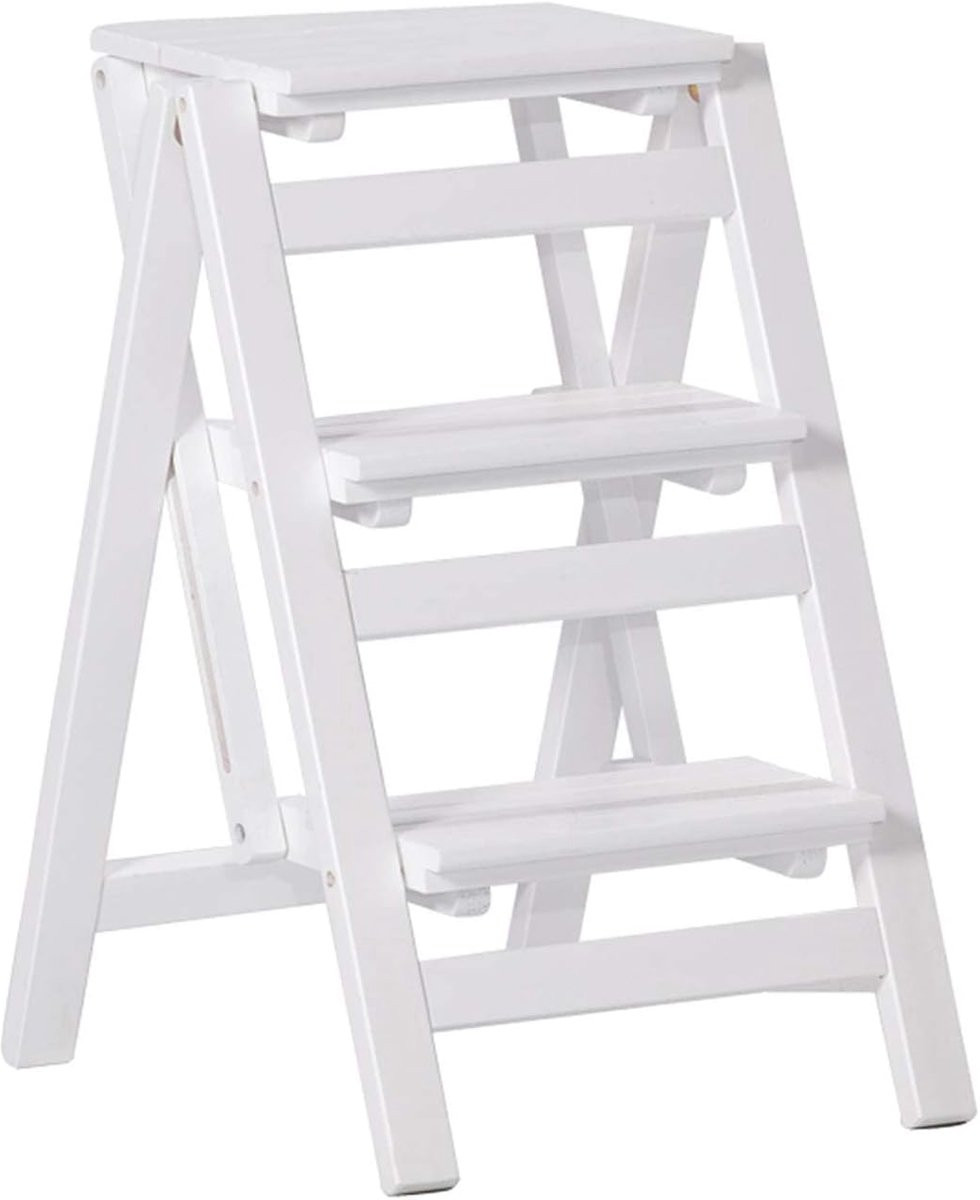 Opvouwbare Keukentrap Klimladder Krukje in Massief Hout - Wit