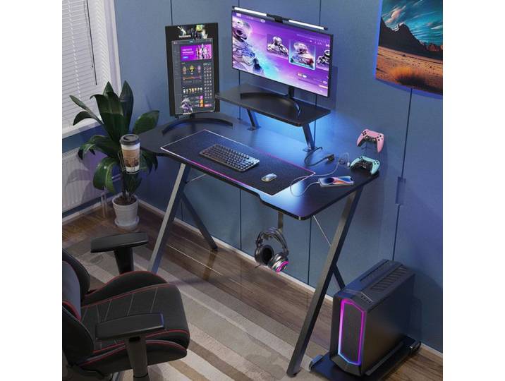 Bureau Gamer LED - VIVOLILV - Multifonctionnel - Noir - Prise Electrique - Porte-Gobele - Crochet pour Casque