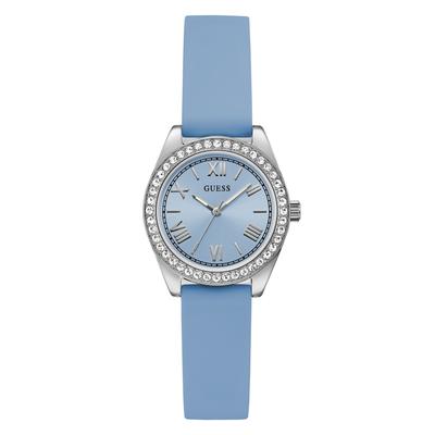 Quarzuhr GUESS "GUESS-MINI LUNA GLITZ", blau, Armbanduhren, Damen, Quarzuhr, Armbanduhr, Damenuhr, Silikonarmband, analog