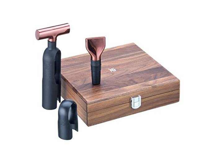WMF Baric Sommelier Weinset 3-teilig, Korkenzieher, Folienschneider, Flaschenverschluss, in Walnussholzbox, kupfer
