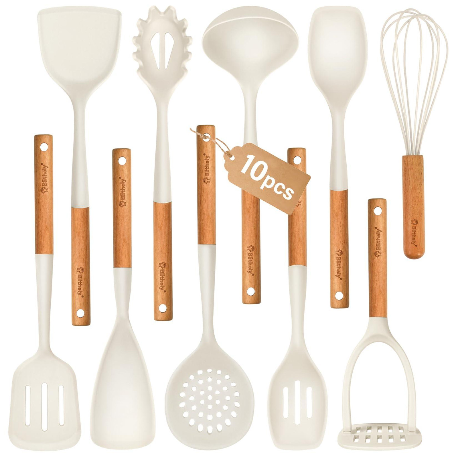 Dripio 10-delige siliconen kookset met houten handgrepen, BPA-vrij, wit