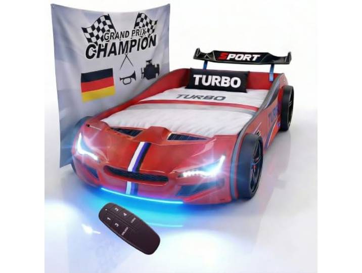 Coemo Autobett GTE Kinderbett 90x200 Rennwagenbett, Farbe Rot Sound Hupe Motor, LED-Leuchte Bett Sportwagen-Design Spoiler, Rennwagen Design, Racing-Aufklebern und markanter Fahrzeugfront
