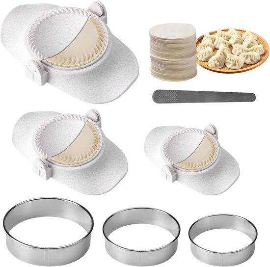 Famanu Dumpling en empanada maker set met 3 ronde deegvormen en RVS lepel, wit