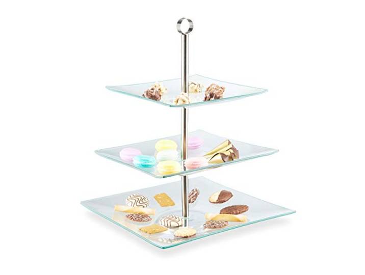 Relaxdays glazen etagere, 3 laags, cupcakes, koekjes, hapjes, taart, high tea, serveerschaal glas, transparant/zilver