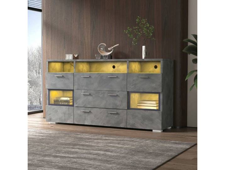 Buffet - LANGTU - 140 cm - Gris - Éclairage LED - Portes acrylique transparent