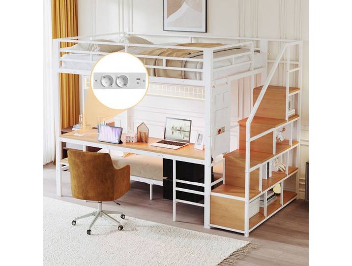 Lit superposé multifonction - 140x200 cm - Bureau intégré - Éclairage LED - 90x200 cm lit inférieur