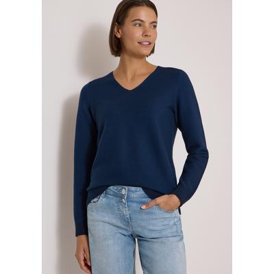 V-Ausschnitt-Pullover CECIL, Damen, Gr. XS (36), blau (urban dunkelblau), Web, 100% Baumwolle, unifarben, comfort fit normal, V-Ausschnitt, Rippbündchen, Pullover, mit V-Ausschnitt