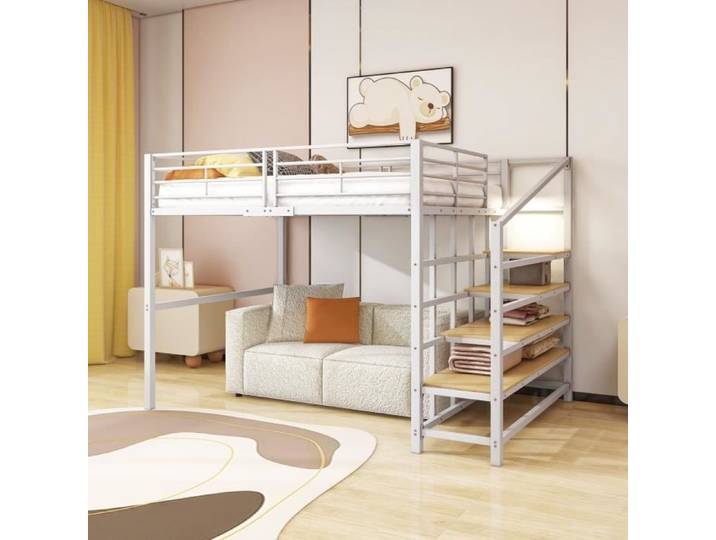 Lit mezzanine adulte 140x200cm Lit enfant Lit simple en métal avec escaliers de rangement et sommier à lattes - blanc