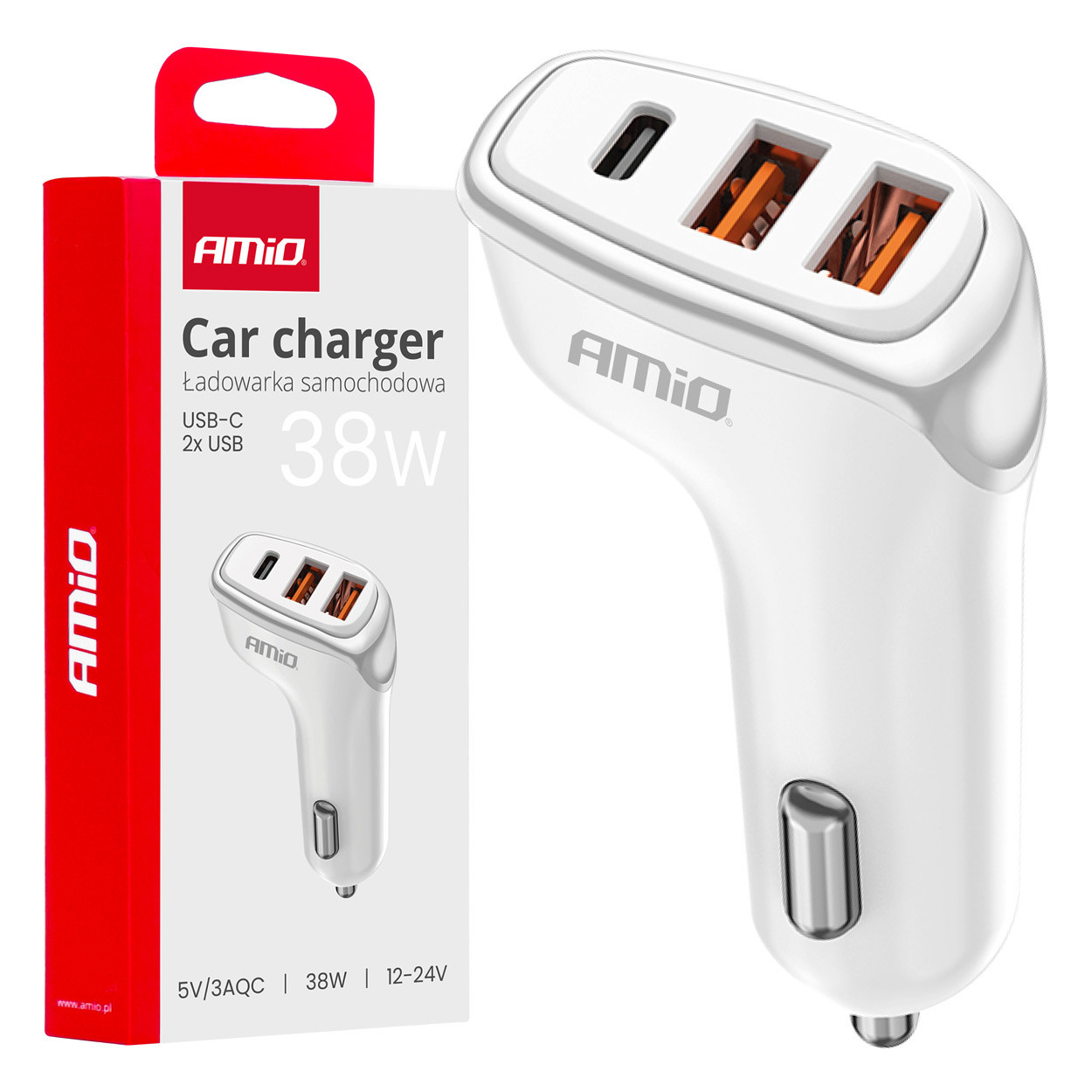 AMiO Autolader met 2x USB-A en 1x USB-C poort, 38W, snelladen (QC)
