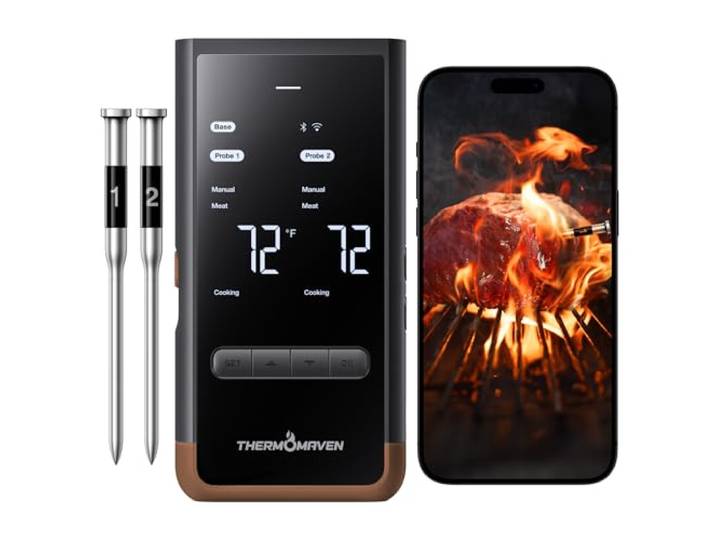 ThermoMaven Smartes Fleischthermometer Kabellose mit Basisstation, Bluetooth & WLAN, 2 Fühler, 6 Sensoren, NIST-zertifiziert, große, stabile WLAN-Reichweite, für Smoker, Backofen & BBQ, Braun