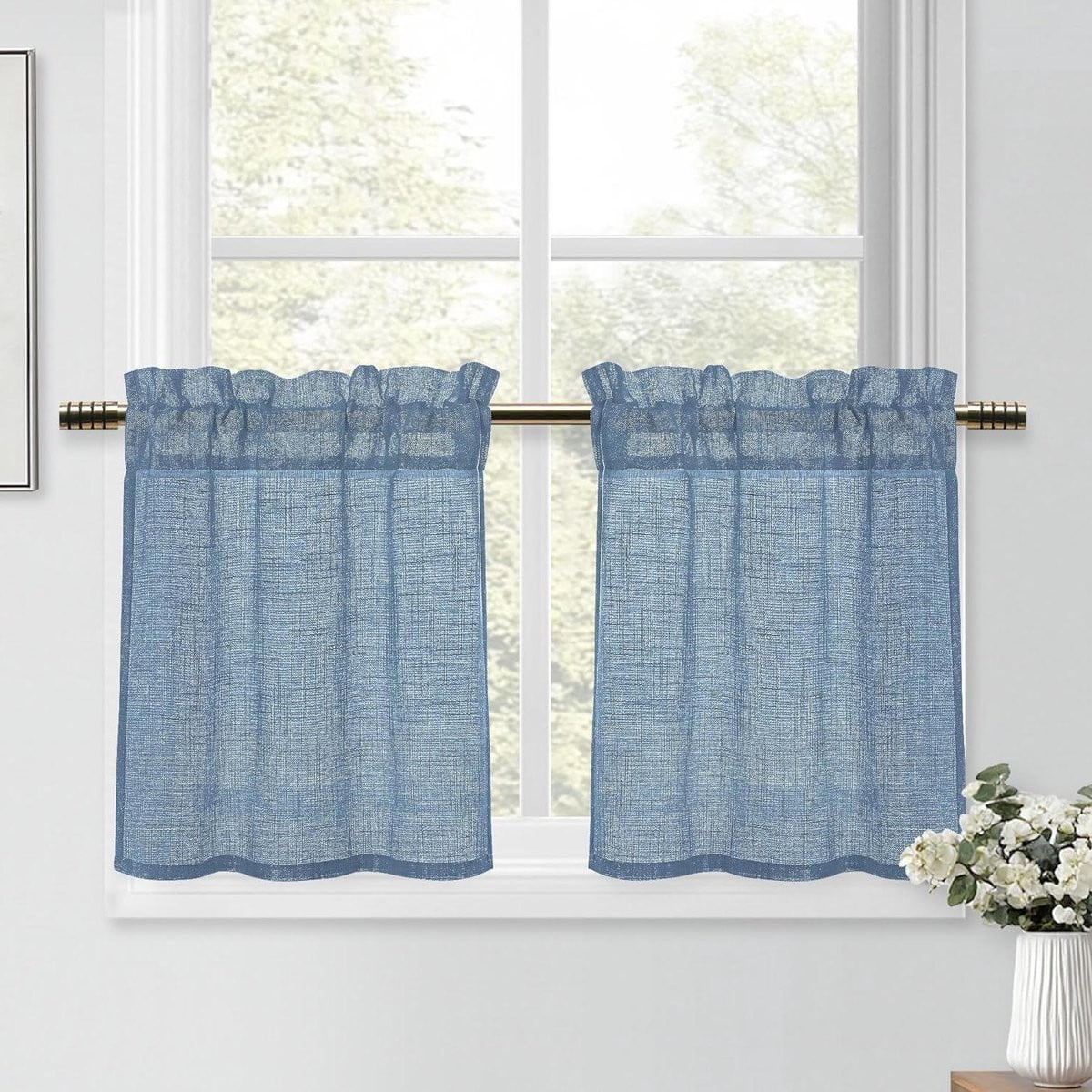 Blauwe semi-transparante vitrage gordijnen met linnenlook textuur voor keuken decoratie H45 x B90 cm