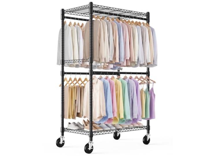 Himimi Kleiderständer Stabil, Kleiderständer auf Rollen mit 4 Kleiderstangen & höhenverstellbaren Ablagen, offener Kleiderschrank aus Metall für Schlafzimmer, Waschraum, Balkon, 90x52x203 cm, Schwarz