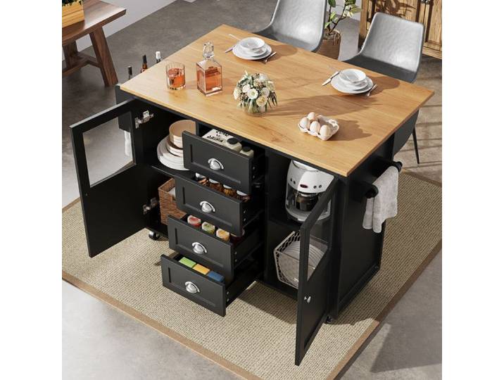 Ilot central cuisine buffet 120x73(45)x93 cm avec roulettes porte-serviettes étagère à épices étagères réglables deux portes