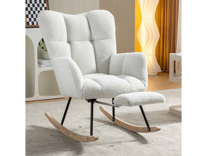 WOVREO fauteuil à bascule en tissu teddy blanc avec repose-pieds escamotable dossier haut