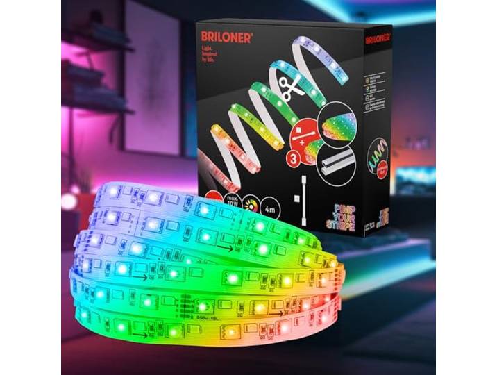 BRILONER – LED Stripe Erweiterungsset 4m LED Strip, bunte RGB Farben, Warmweiß, Dimmbar, Farbprogramme, Kürzbar, Selbstklebend, Streifen, Lichtleiste, Zimmer Deko, Gaming Deko