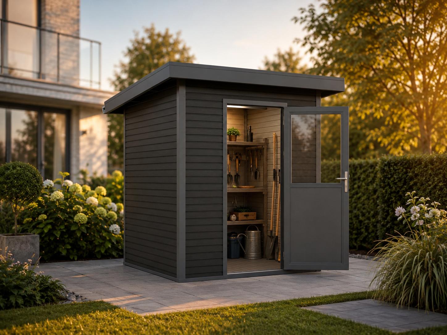 Linholm WPC Gartenhaus Linia 2020 inkl. Dachrinnen-Set, 2-farbig Grau/Anthrazit, 4m², 200x200 cm