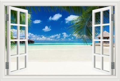 Inspired Finds OceanView 3D Window Wall Sticker Beach Scene Vinyl Decor open View (selected) 16x24 In