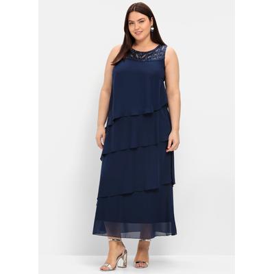 Abendkleid SHEEGO "Abendkleid", Damen, Gr. 48, Normalgrößen, blau (marine), 100% Polyester, unifarben, lang, Rundhals, Kleider Abendkleid