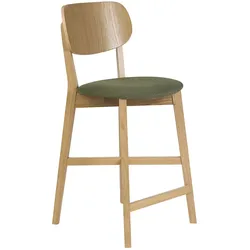 Barhocker aus hellem Eichenholz und Stoff in strukturierter Samtoptik, Khaki-Grün H65 cm LUCIA