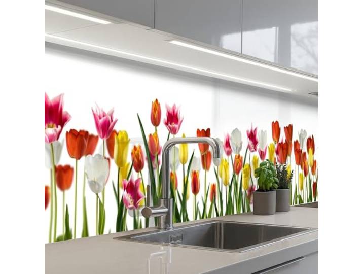 KitchenYeah© Rückwand Küche Rückwandschutz Selbstklebend Spritzschutz 60x350 cm - Küchenrückwand Küchenfront Küchen Selbstklebende Küchenrückwände Blumen - Tulpen - Bunt